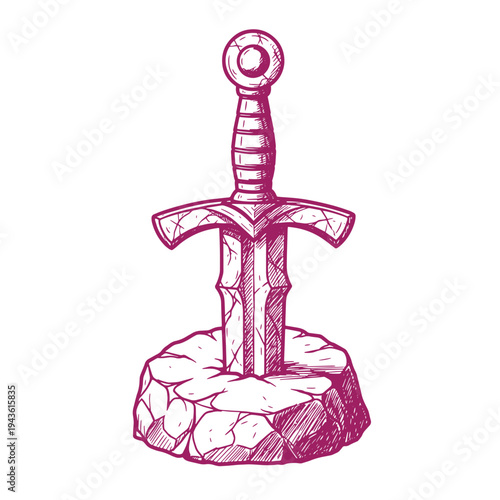 magenta illustration of sword stuck in rock  excalibur  mythical sword in stone