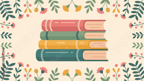 Stack of colorful books with floral border on cream background symbolizing learning and growth