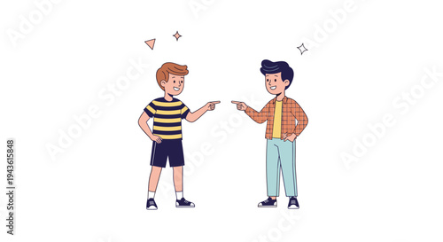 Two young boys standing and pointing fingers at each other in a friendly confrontation during their play time illustration.