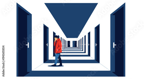 Pensive man standing in a long perspective hallway with multiple blue doors on either side considering his options.