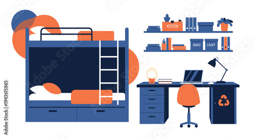 Modern student bedroom featuring a navy blue bunk bed and a organized workspace with a laptop and recycling bin.