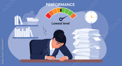 Overworked businesswoman feeling stressed at her desk with a low performance gauge and a huge stack of paperwork.