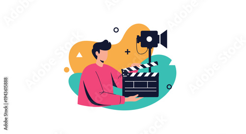 Creative filmmaker holding a movie clapperboard in front of a film camera and abstract colorful background shapes.