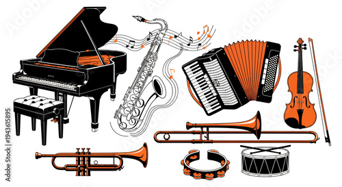 Colorful assortment of classical and traditional musical instruments arranged together.