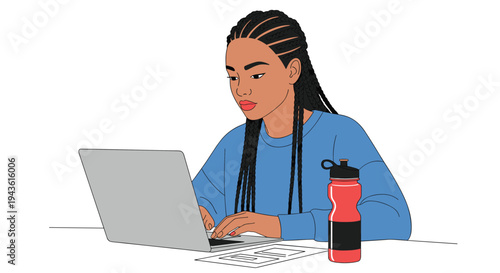 Focused woman with long braids working on a laptop computer with a water bottle on her desk in a minimal space.