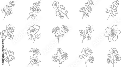 Black and white line of various flowers and bouquets