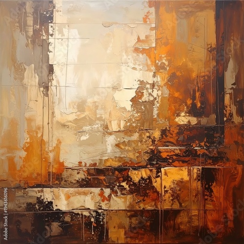 Abstract painting with layered textures in warm earth tones, light & dark