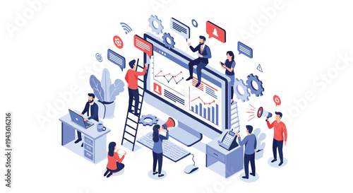 Isometric team of creative professionals working around a large computer screen analyzing data and marketing statistics together.