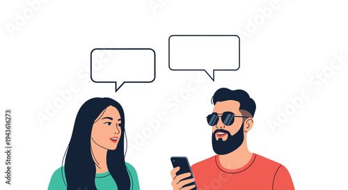 Young woman and man wearing sunglasses engaged in a conversation with blank speech bubbles over their heads for custom text.