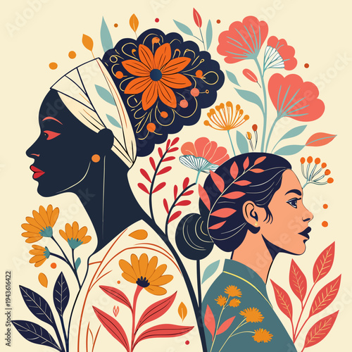 Vector set of diverse women with floral patterns. Vibrant botanical composition featuring blooming flowers and silhouettes. Banner and poster design for International Women's Day 
