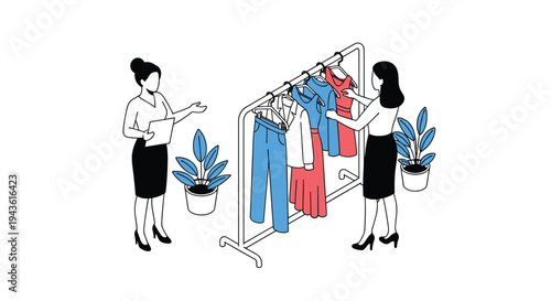 Two professional women looking at various clothing items on a rack while discussing fashion trends and shop organization.