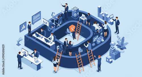 Isometric office building in the shape of a letter D with many people working at desks and using ladders to move between floors.