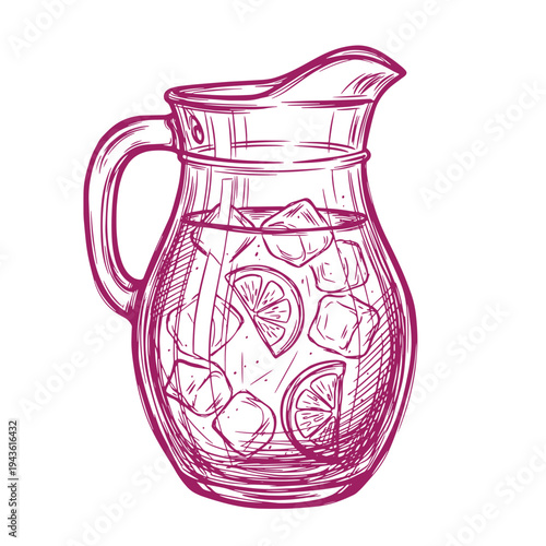 Sketch of glass pitcher filled with ice and lemon slices isolated on white background