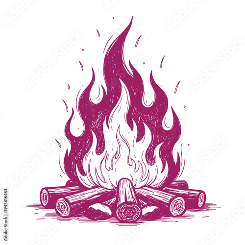 Vibrant pink illustration of a burning campfire with logs and rising flames isolated on white background