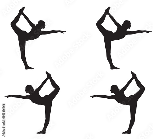 Elegant black silhouette illustrations portraying a person gracefully performing a challenging yoga pose, embodying concepts of balance, flexibility, wellness, and fitness for health-conscious designs