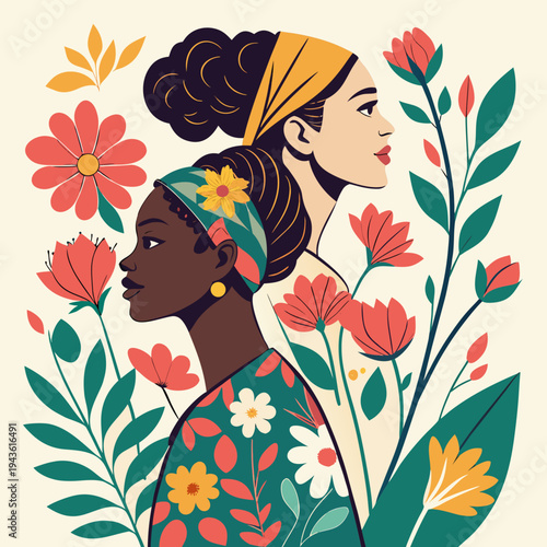 Vector set of diverse women with floral patterns. Vibrant botanical composition featuring blooming flowers and silhouettes. Banner and poster design for International Women's Day 