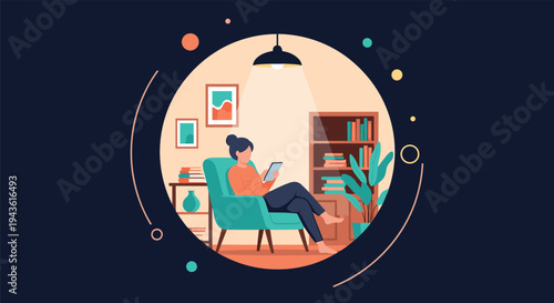 Woman sitting in a cozy armchair reading on a tablet under the warm light of a floor lamp in a stylishly decorated room.