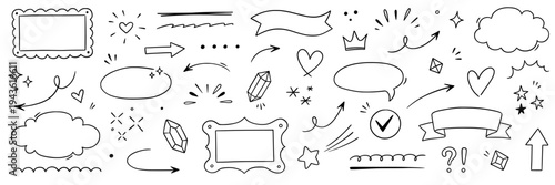 Arrow, line frame, star element set. Hand drawn brush sketch marker stroke arrow, heart, speech bubble frame shapes. Heart, star, circle doodle swirl cute sign symbol decoration. Vector illustration