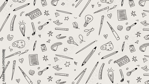 Doodle art background with scattered creative stationery and school supplies