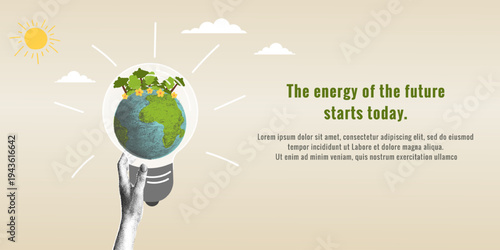 A hand holding a light bulb with an image of the earth and a tree inside. Trendy halftone collage. Green energy and ecology concept. Sustainable energy and environmental protection. Earth Day banner