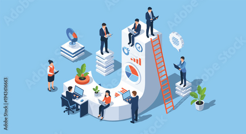 Isometric people collaborating and working around a large letter J that acts as a slide or graph for business data analysis.