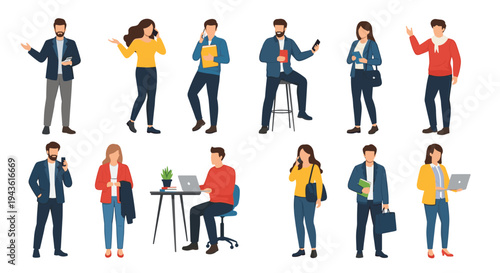 Diverse group of people standing and sitting in various professional and casual poses using technology and communicating.