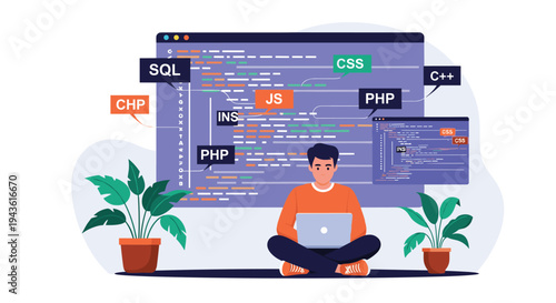 Programmer sitting in a cross legged position using a laptop in front of a screen filled with various coding language tags.