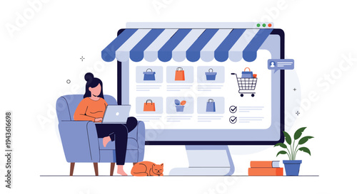 Woman sitting in a blue armchair using her laptop for online shopping on a very large monitor screen showing retail items.