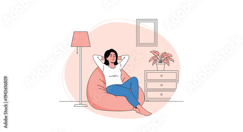 Young woman enjoying a peaceful moment of relaxation while sitting on a comfortable bean bag chair in a cozy and modern living room.