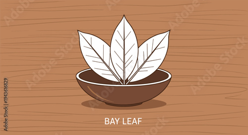 Minimalist illustration of three white bay leaves arranged in a small brown ceramic bowl placed on a warm textured wooden surface.