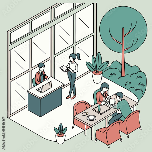 Corporate lifestyle professionals interacting in a calm modern workspace, expressing balance between productivity, wellbeing, and everyday work routines. A See Less