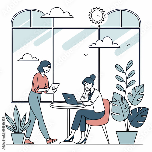 Corporate lifestyle professionals interacting in a calm modern workspace, expressing balance between productivity, wellbeing, and everyday work routines. A See Less