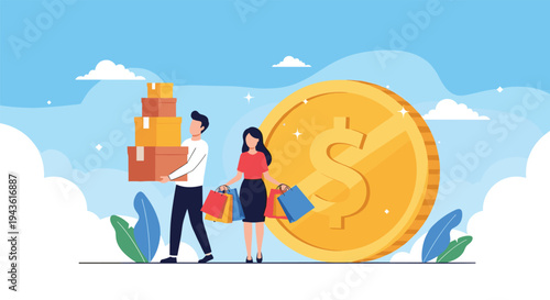 Happy couple carrying a stack of cardboard boxes and shopping bags in front of a giant golden dollar coin under a clear blue sky.