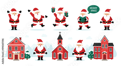 Festive winter scene featuring various Santa Claus characters in fun poses alongside charming red holiday houses and a small church.