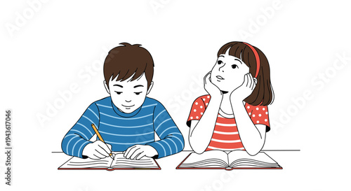 Illustration of two young students sitting side by side at a desk, with the boy focused on writing and the girl looking up in thought.