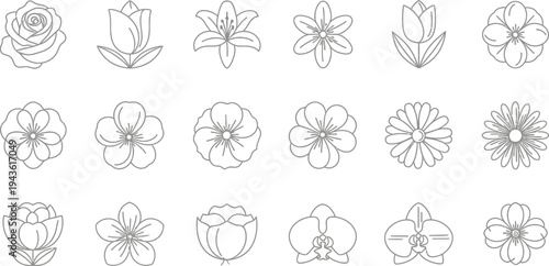 Black line of various flowers on white background 2