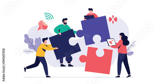 Team of diverse individuals working together to assemble large interlocking puzzle pieces representing effective teamwork and strategy.