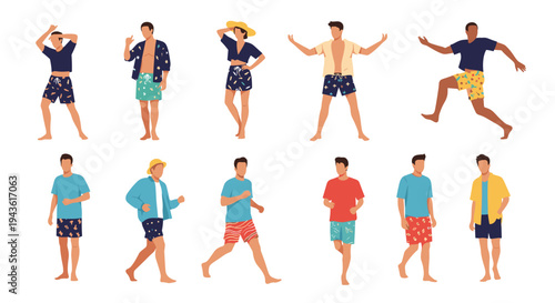 Large group of men wearing various styles of summer vacation clothes and swimwear in different standing and walking poses on white.