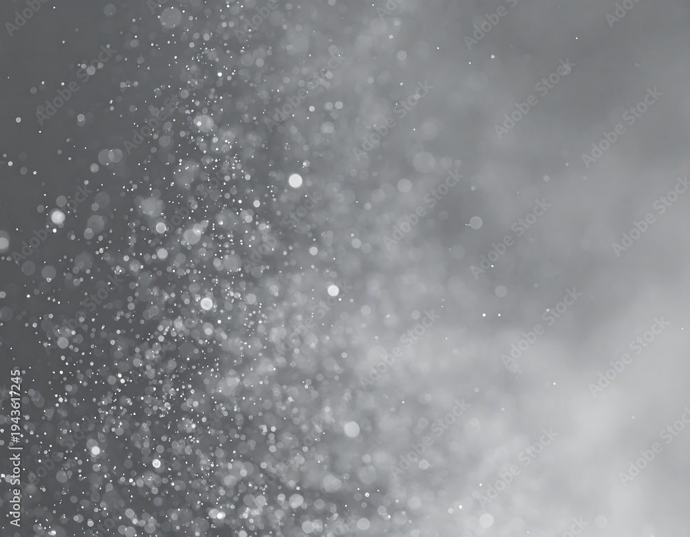 Obraz premium Abstract grayscale image of a spray or mist. Particles of light gray form a dynamic pattern, appearing as small, blurred circles against a smoky, muted gray backdrop