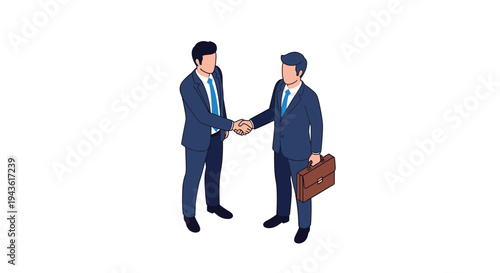 Isometric view of two professional businessmen in blue suits shaking hands, with one man carrying a brown briefcase on a white background.
