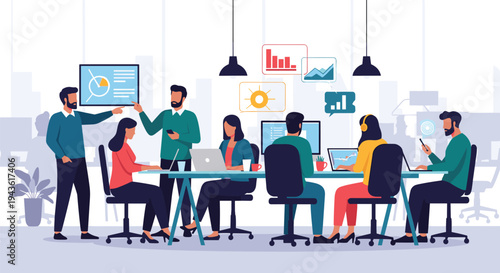 Group of diverse business professionals working together around a long table in a bright office space with various data visualizations.