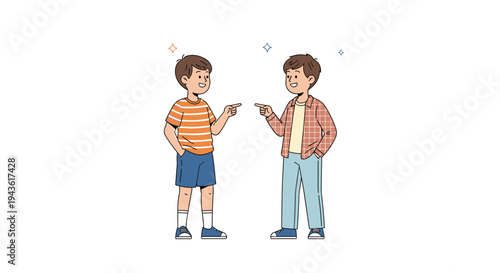 Two cheerful boys pointing at each other in a friendly manner against a clean white background for social interaction concept.