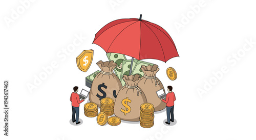 Large red umbrella protecting bags of money and gold coins while financial professionals work on laptops for wealth management concept.