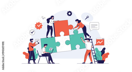 Group of diverse professionals collaborating to assemble large colorful puzzle pieces for teamwork and problem solving strategy.