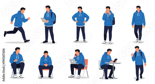 Set of character poses for a young man in a blue hoodie engaged in activities such as running, sitting, and using a laptop.