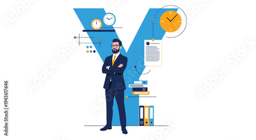 Professional businessman standing confidently in front of a giant letter Y with time management and organization symbols.