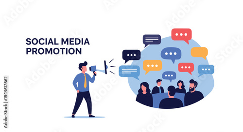 Marketing professional using a megaphone to broadcast a message for social media promotion and audience engagement concept.