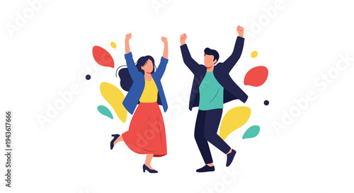 Happy man and woman dancing with joy and celebrating together amidst vibrant abstract shapes for success and happiness concept.