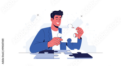 Happy businessman holding a missing puzzle piece to complete a task for success and problem solving concept.