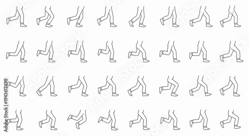 Sequential animation frames of a person's legs in motion, illustrating a walking cycle for animation and design projects